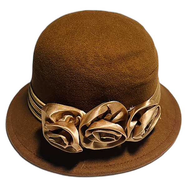 Cognac felt cloche ladies golf hat, front view with satin rosettes