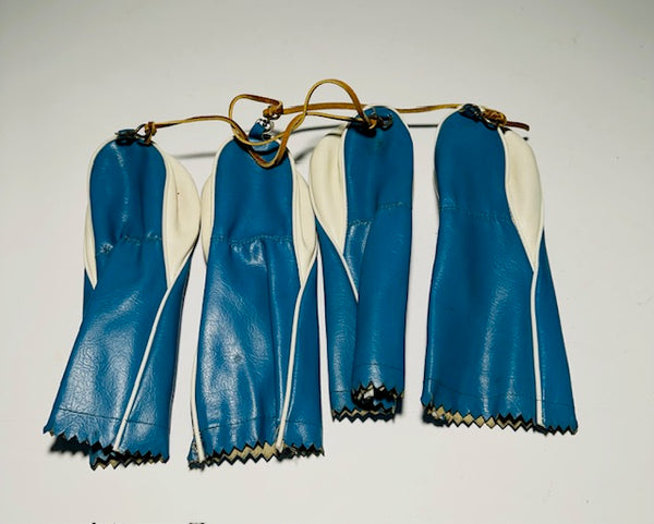 Back view of the light blue vinyl headcover set showing pinked hems and condition - Alternate View