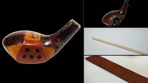 Vintage hickory golf club parts from Old World Hickory Golf's Club Builder: a handmade Fancy Face wood head, a hickory shaft and a brown suede leather grip