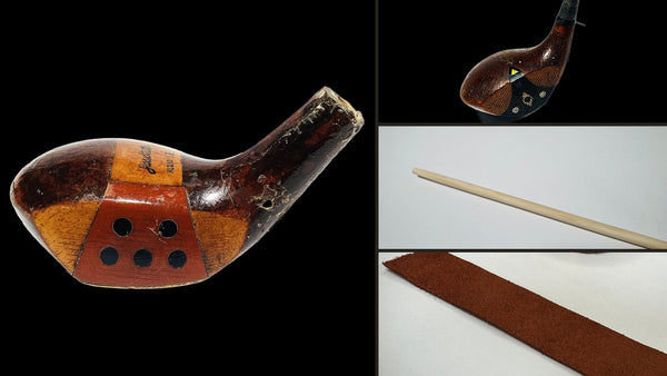 Vintage hickory golf club parts from Old World Hickory Golf's Club Builder: a handmade Fancy Face wood head, a hickory shaft and a brown suede leather grip