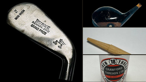 Hickory golf club building supplies from Old World Hickory Golf: an antique Burke Grand Prize mid iron head, a vintage wood head, a tapered hickory shaft and a spool of Crawford linen whipping thread