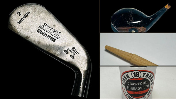 Hickory golf club building supplies from Old World Hickory Golf: an antique Burke Grand Prize mid iron head, a vintage wood head, a tapered hickory shaft and a spool of Crawford linen whipping thread