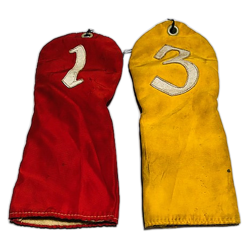 Red & Yellow Nylon Headcovers 1-3 | Vintage Golf — hickory golf, view 1