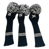 Black & Cream Knit Pom-Pom Headcovers 3-5-X | Vintage Golf
