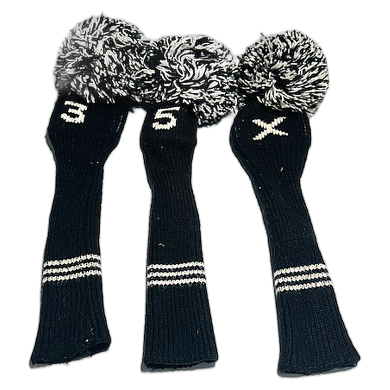 Black & Cream Knit Pom-Pom Headcovers 3-5-X | Vintage Golf — hickory golf, view 1