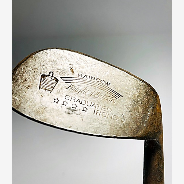 Wright & Ditson Rainbow Graduated Niblick Head hickory golf iron head, maker stamp detail