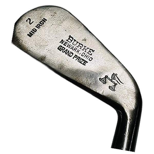 Burke Grand Prize hickory golf iron head stamp, Newark Ohio trophy mark