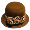 Cognac felt cloche ladies golf hat, front view with satin rosettes