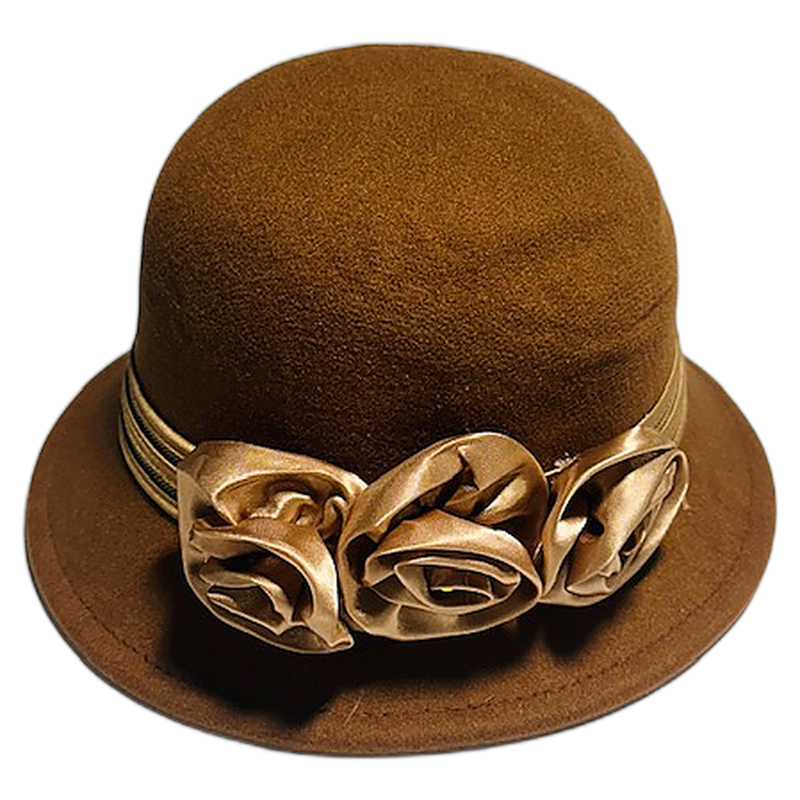 Cognac felt cloche ladies golf hat, front view with satin rosettes
