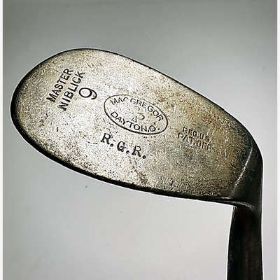 MacGregor Master Niblick 9 Head hickory golf iron head, maker stamp detail