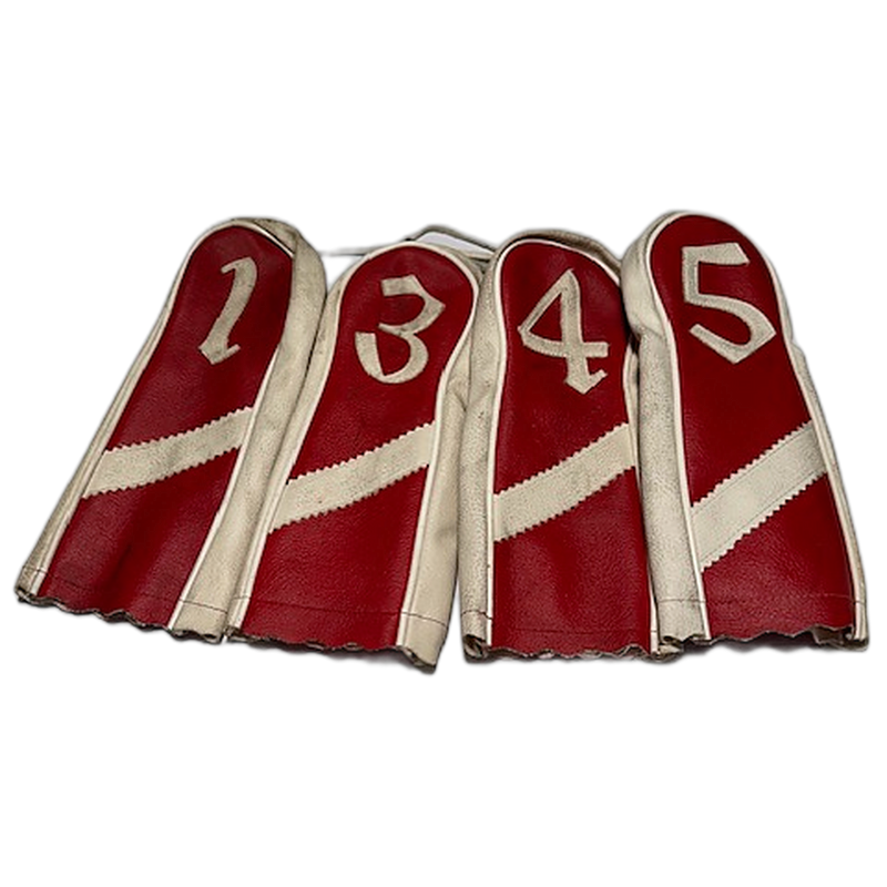 Red & Cream Headcovers 1-3-4-5 | Vintage Golf — hickory golf, view 1