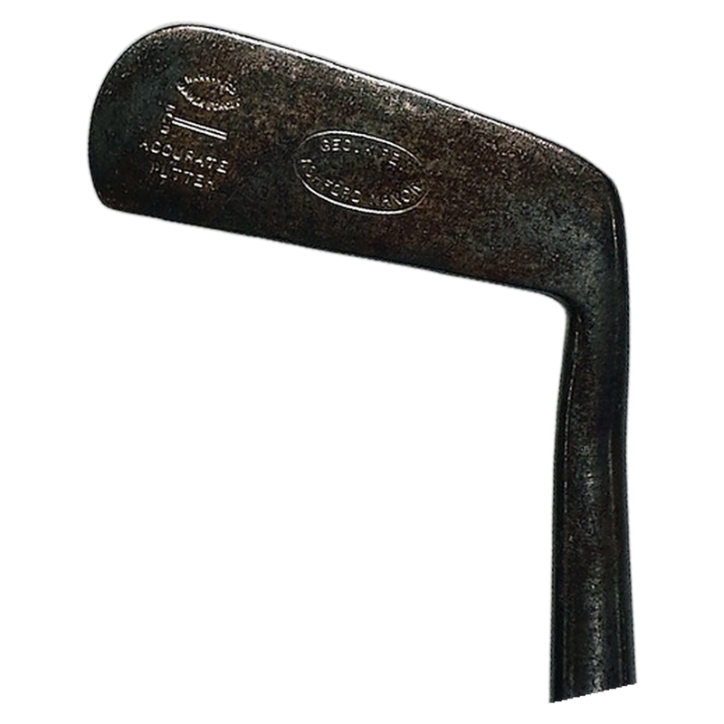 Geo. Kirby Ashford Manor Accurate Putter – vintage hickory golf putter, back of head with Kirby stamp