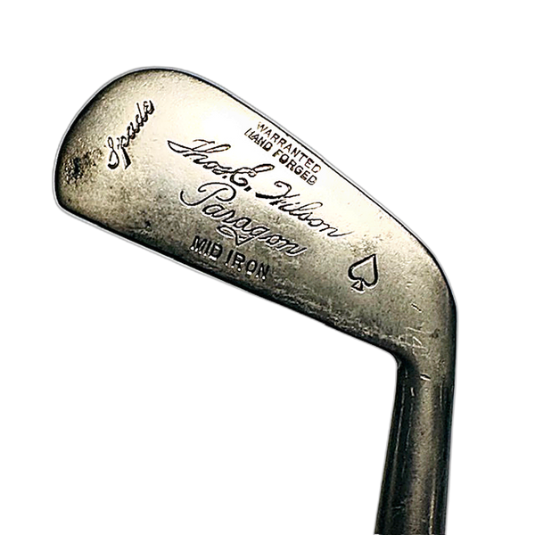 Thos. E. Wilson Paragon Rainbow fancy-face mid-iron, vintage hickory golf, hero view