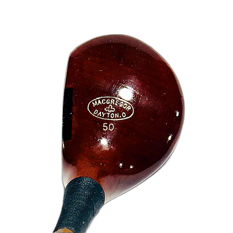 MacGregor 50 brassie hickory golf top-down crown with maker stamp