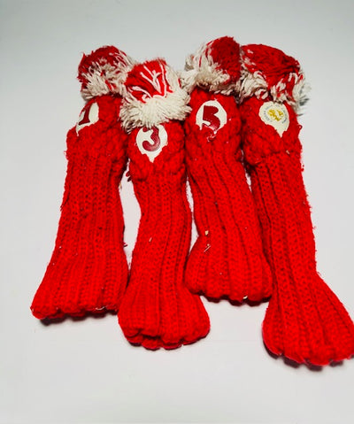 Vintage Cougar of California red knit pom-pom golf headcover set with numbered covers
