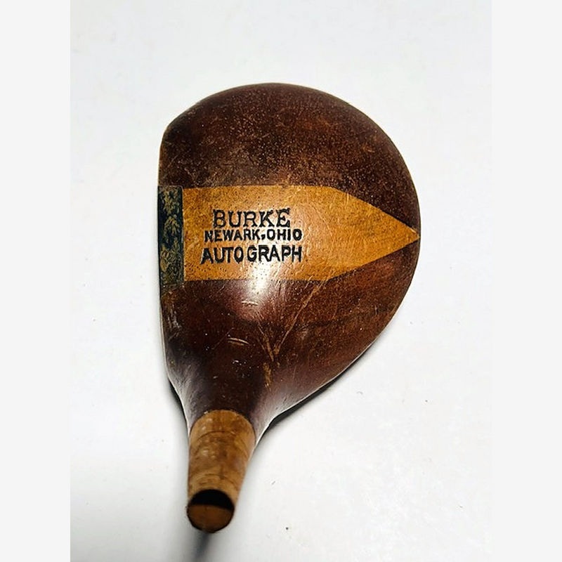 Burke Autograph Fancy Face Brassie Head, vintage hickory golf club builder head, crown stamp