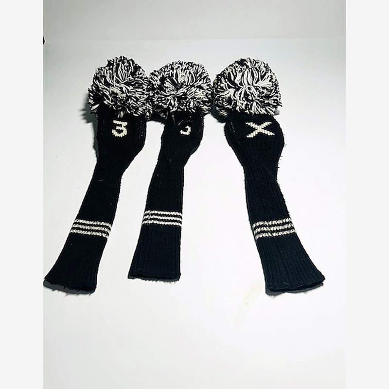 Black & Cream Knit Pom-Pom Headcovers 3-5-X | Vintage Golf — hickory golf, view 2