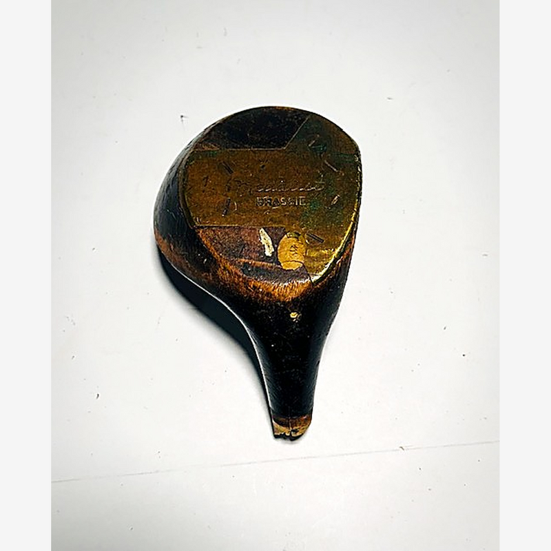Denny Shute World's Trophy Medalist Ladies Brassie Head, vintage hickory golf club builder head, detail