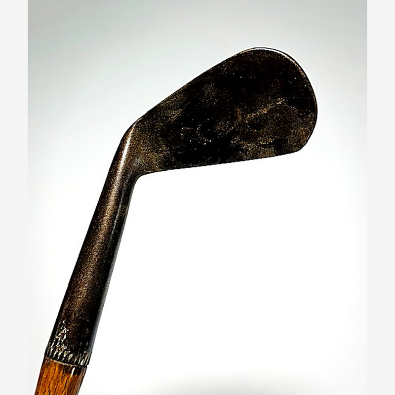J. Forman iron face at address, vintage hickory golf club