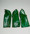 Back view of the green leather headcover set showing gold piping and condition