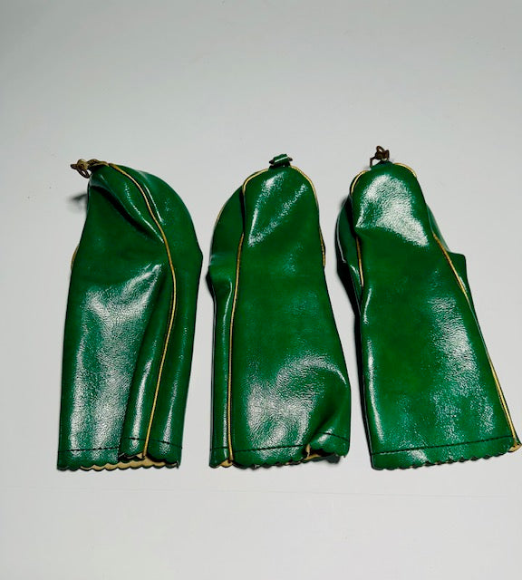 Back view of the green leather headcover set showing gold piping and condition - Alternate View