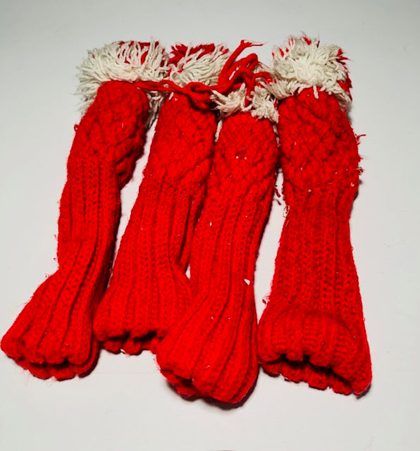 Back view of the red knit pom-pom headcover set showing condition - Alternate View
