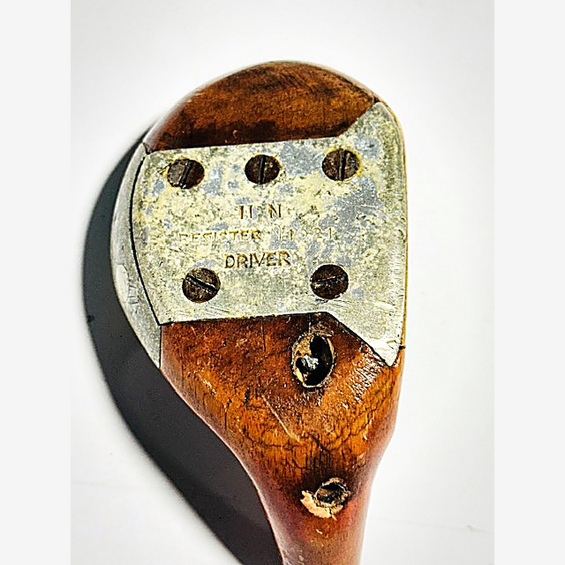 Hillerich & Bradsby Grand Slam Gloria Fancy Face Driver Head, vintage hickory golf club builder head, detail