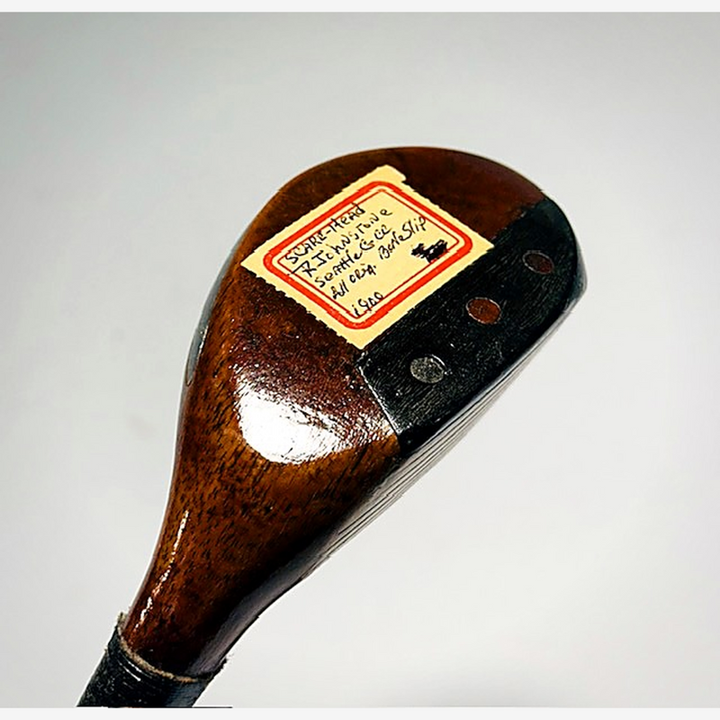 Scare-head sole and provenance label on hickory golf wood