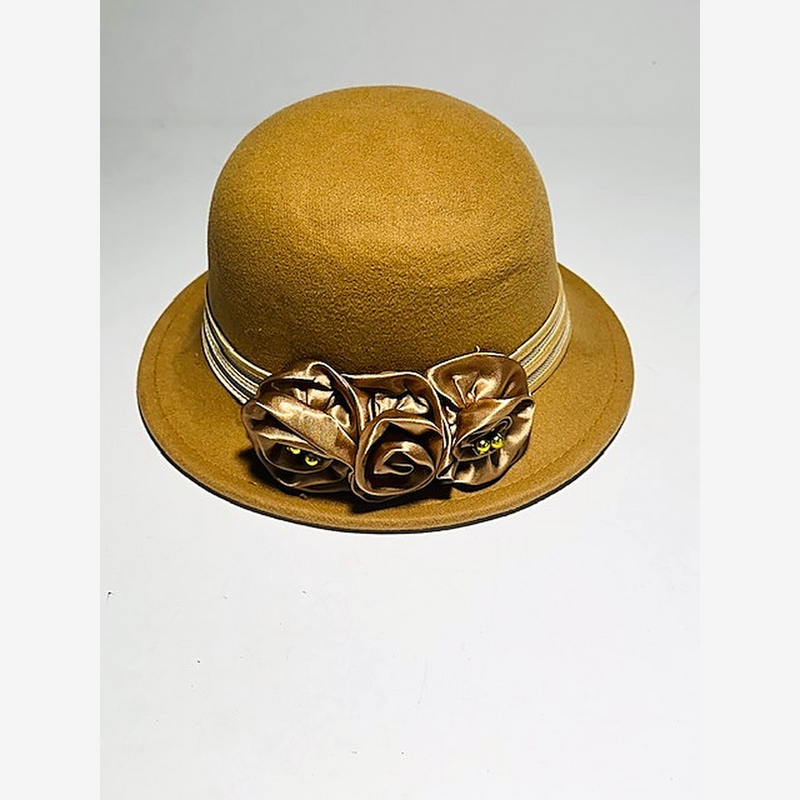 Honey gold felt cloche ladies golf hat, front view with bronze satin rosettes