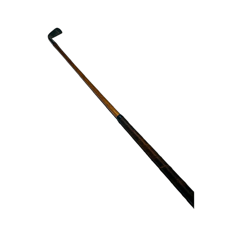George Duncan Akros model jigger full club view, vintage hickory golf iron with leather wrap grip