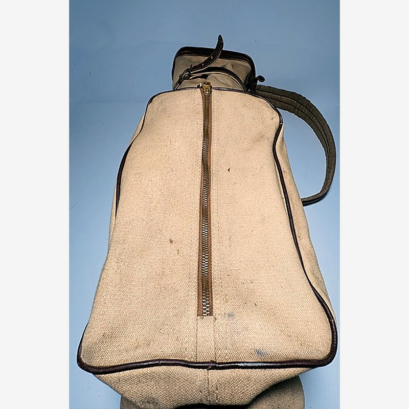 Zipper panel detail on vintage canvas golf bag