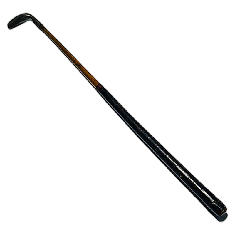 J. Gourlay Carnoustie offset blade putter, full length view of the hickory golf club with black wrap grip