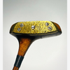 Brass face plate secured by five screws on the Wright & Ditson wood mallet putter, hickory golf